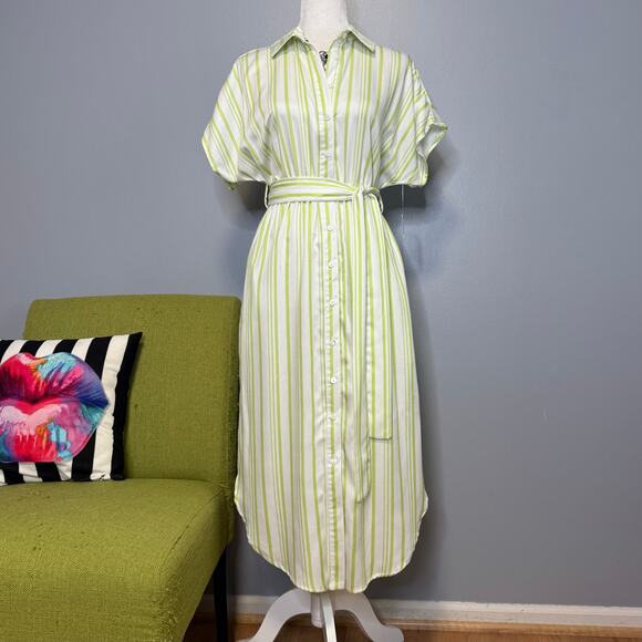 Saks Fifth Avenue Green White Striped Midi Shirt Dress NEW XS - Picture 1 of 6